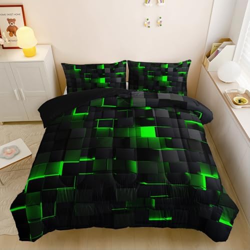Nttopship Neon Green Black Comforter Set Full Geometric Kids Bedding Set,3 PCS Geometry Honeycomb Bed Set Modern Quilt Set 1 Comforter 2 Pillow Cases Cool Room Decor All Season B-Side Black