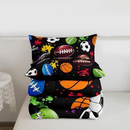 jejeloiu Sports Theme Kids Comforter Set Toddler Size Soccer Basketball Baseball Football Bedding Set Ball Games Duvet Quilt for Kids Boys Girls Bedroom Splash Ink Ball Games Decor Microfiber Ultra