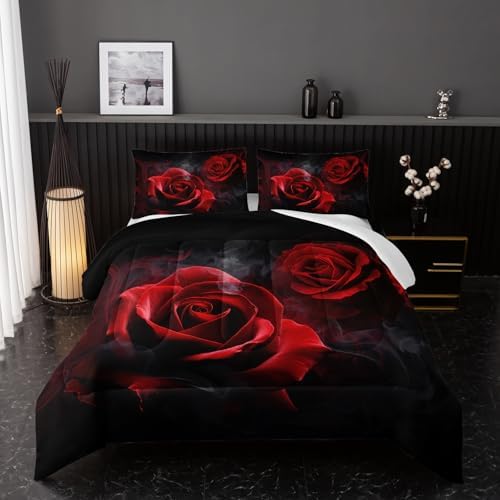Nttopship Red Comforter Set King,Red Roses Bedding Set 3 Piece Bed in a Bag,Lover Romantic Flowers Comforter Valentine's Day Lightweight Soft Microfiber Bedding Sets with(Comforter,2 Pillow Cases)