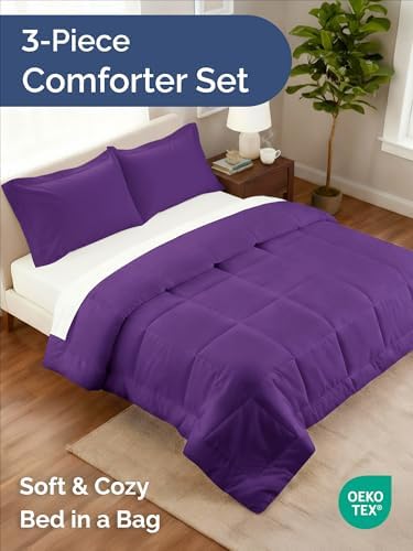 King Comforter Set - Purple Bedding for All Seasons - Soft 3 Piece Bed Set