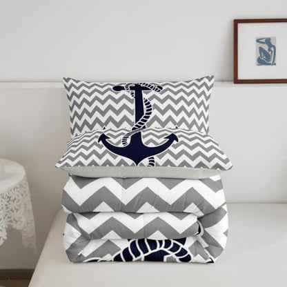 Castle Fairy Nautical Anchor Comforter Set Twin Size,Geometric Gray Stripe Bedding Set 2pcs for Kids Teens Adults Room Decor,Ocean Adventure Themed Quilt Set Modern Abstract Duvet Insert,1 Pillowcase