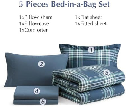 Plaid Twin XL Comforter Set Midnight Blue 5 Pieces Bed in a Bag for Dorm