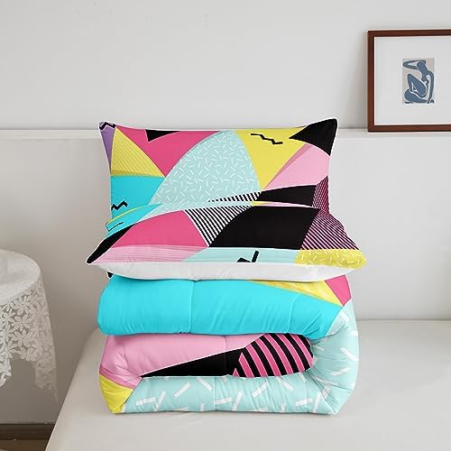Manfei Memphis Comforter Set Twin Size, Retro 80s 90s Fashion Style Quilt Set with 1 Pillowcase, Colorful Triangle Geometric Bedding Set 2pcs for Kids Boys Girls Lightweight Duvet Insert