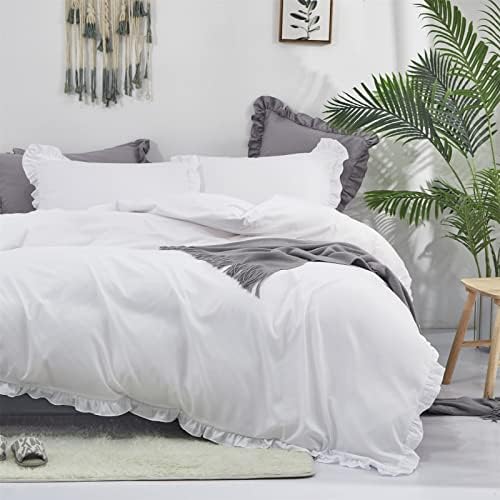 Wellboo White Comforters California King Solid White Shabby Chic Farmhouse Bedding Comforter Cal King Set Women Ruffle Bed Quilt Boho White Lace Blankets Soft Vintage Rustic Floral Lace Comforter Set