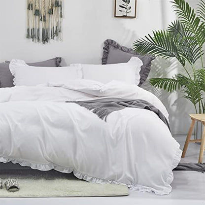 Wellboo White Comforters California King Solid White Shabby Chic Farmhouse Bedding Comforter Cal King Set Women Ruffle Bed Quilt Boho White Lace Blankets Soft Vintage Rustic Floral Lace Comforter Set