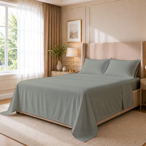 Cottingon 4 Piece Twin Sheets Fits 16" Deep, Egyptian Cotton, Light Grey