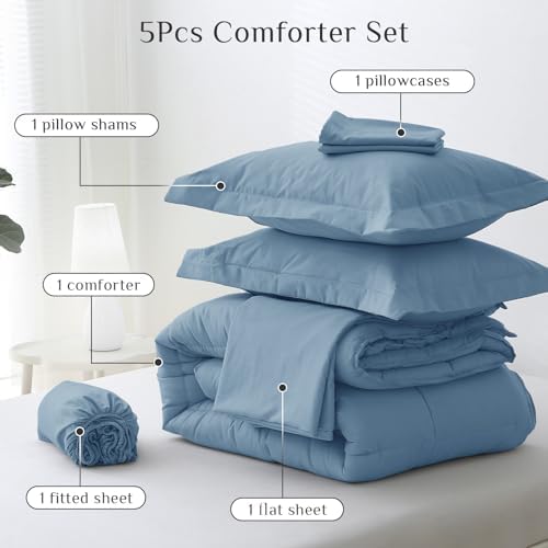 JOLLYVOGUE Twin XL Comforter Set, Ultra-Soft Bed in a Bag Twin XL Size 5 Pieces, Oeko-TEX Certified Bedding Set with Down Alternative Comforter, Sheets, Pillowcases & Shams, Dusty Blue