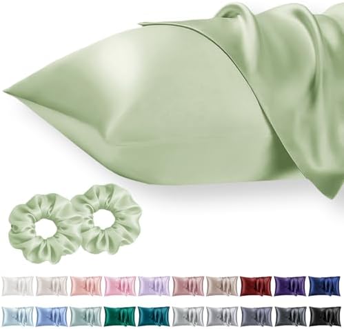 Vielit Queen Satin Pillowcase for Hair 2pc,Similar to Silk Pillow Cases, for Women,Green,20x30 & Envelope Closure and 2 Satin Scrunchies