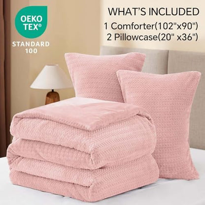 ChiXpace Fleece King Size Comforter Set Pink, Fluffy Bed Set 3 Pieces