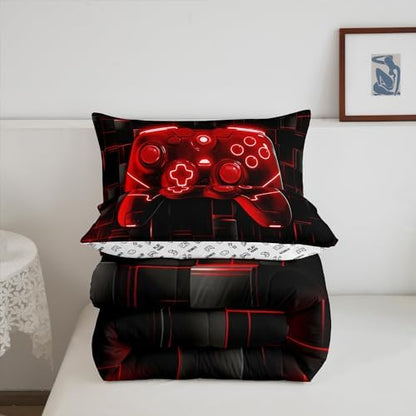 Manfei Kids Games Comforter Set King Size, Red Gaming Bedding Set for Boys Girls Teens Bedroom Decor, Black Video Gamer Controller Down Comforter, Reversible Gamepad Quilt Set, 2 Pillowcases