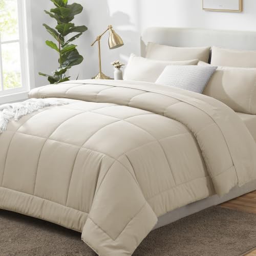 CozyLux King Size Comforter Set Oatmeal - 7 Pieces Bed in a Bag