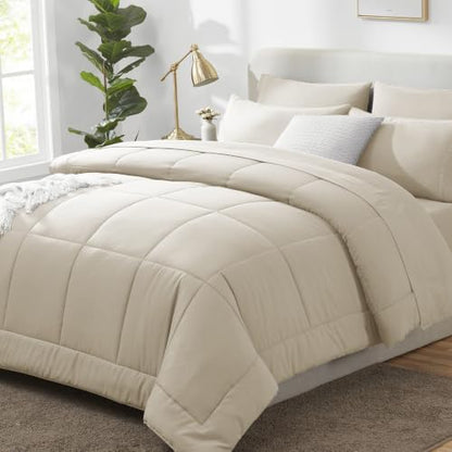 CozyLux King Size Comforter Set Oatmeal - 7 Pieces Bed in a Bag