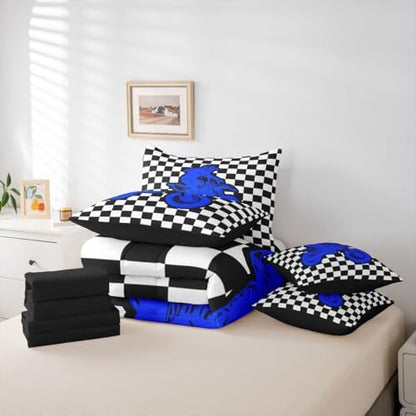 Feelyou Red Motocross Rider Full Comforter Set with Sheets for Kids Boys Girls Sporty Rider 7 Pieces Bedding Set Checkered Flag Bed in a Bag Off-Road Racing Room Decor Dirt Bike Soft Lightweight
