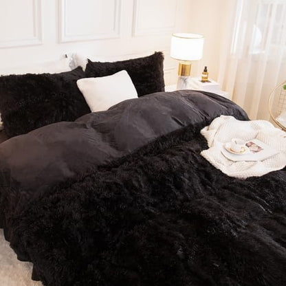 Andency California King Comforter Set Black, Fluffy Faux Fur Warm Bed Set