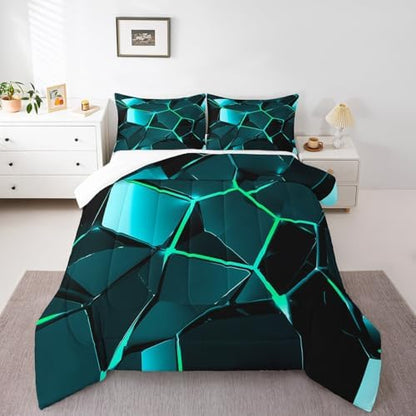 Feelyou Blue Green Hexagon Comforter Stereoscopic Honeycomb Comforter Set for Kids Beehive Bedding Set Geometric Honeycomb Duvet Simplistic Room Decor Quilt Queen Size Boys