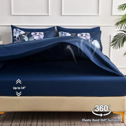 Luxudecor Floral Comforter Set King Size 7 Piece, Navy Flower Bed in a Bag, Elegant Comforter Bedding Set for All Season (Navy, 104"x90")