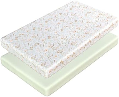 2 Pack Mini Crib Sheets - Jersey Cotton Pack and Play Sheets Fitted, 27" x 39", Fits Graco Pack n Play Mattress, Soft Playpen Sheets Pack n Play, Oeko-tex (Green Pack and Play Mattress Sheets)