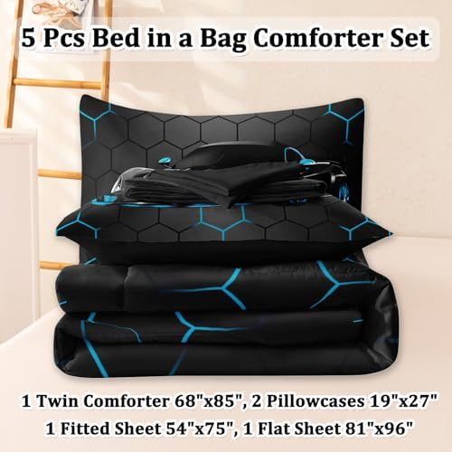 5 Pcs Race Car Twin Bedding Set for Boys, Blue Sports Car Twin Boys Comforter Set with Sheets
