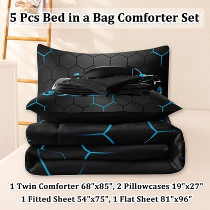 5 Pcs Race Car Twin Bedding Set for Boys, Blue Sports Car Twin Boys Comforter Set with Sheets