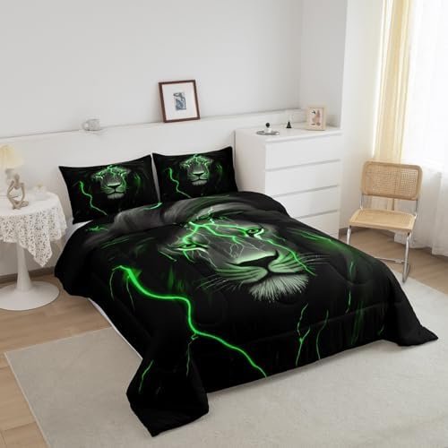 Erosebridal Lion Comforter Set Bedding Set Twin,Vintage Safari Animal Down Comforter Green Retro Lightning Lion Bedding Set for Kids Boys Teens Adults Men Dark Grey Lion Bed Set Soft Duvet Set 2 Pcs