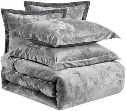 Fredsure Distressed Velvet Comforter Set, 5 Pieces Dark Grey King, Distressed Velvet Face and Brushed Microfiber Reverse