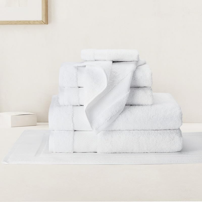 BIOWEAVES 100% Organic Cotton Bath Towel Set | 700 GSM Plush 7-Piece Premium Towel Set GOTS Certified, 2 Bath Towels, 2 Hand Towels & 2 Washcloths, 1 Bath Mat - White