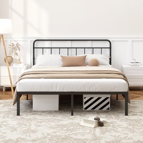 Kujielan 12 inches King Size Bed Frame with Minimalist Headboard, Black