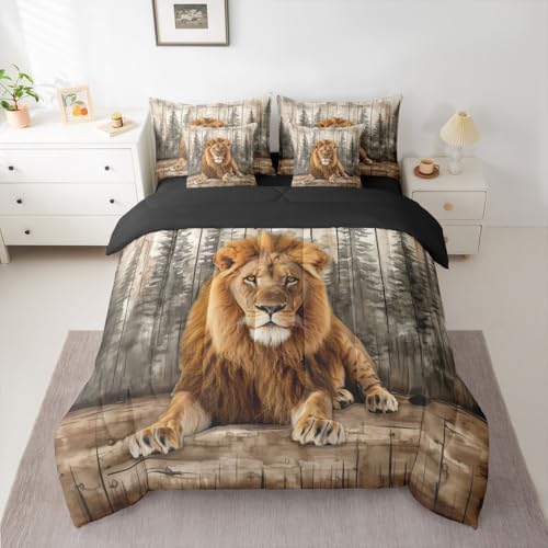 Erosebridal 3D Lion Bed in A Bag 7 Pcs Wildlife Hunting Theme Comforter Set for Kids Boys Girls Forest Pine Tree Bedding Sets Full Country Woodland Animal Sheet Set with Comforter