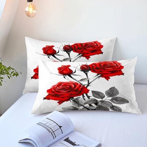 CCoutueChen Floral Comforter Set Red Rose Green Botanical Bedding King