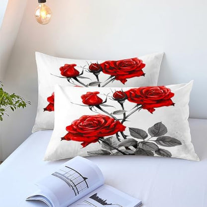 CCoutueChen Floral Comforter Set Red Rose Green Botanical Bedding King