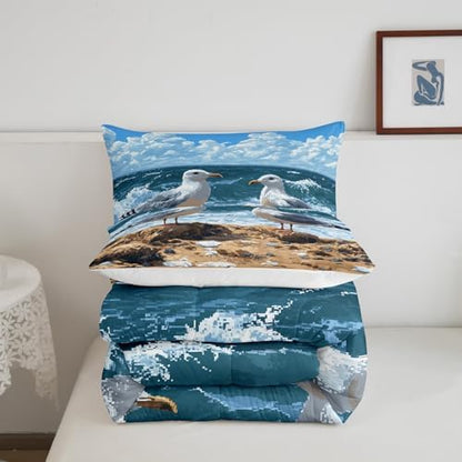 Homewish Cute Seagull Comforter Set King Size,Ocean Animals Bedding Set 3Pcs,Beach Coastal Quilt Set for Kids Boys Girls Teens Room Decor,Sea Blue Oil Painting Art Duvet Insert,2 Pillowcases