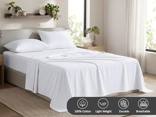 ZOYER 100% Cotton Sheets – California King Percale Bedding, Cooling & Breathable, Durable with a Crisp, Soft & Comfortable Feel, 14" Deep Pocket, 4-Piece Set, Bright White