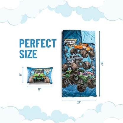 Jay Franco Kids Slumber Bag and Pillow - 54 x 27 Inch Comfy Indoor Sleeping Bag for School and Sleepovers, 2 Piece Set, Blue - Monster Jam