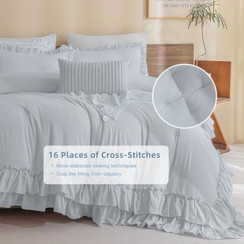 Masaca Twin Comforter with Ruffles,Shabby Boho Chic Ruffled Comforter Set Farmhouse Rustic Twin Bedding Sets 3-Piece（1 Light Blue Comforter and 2 Pillowcases）