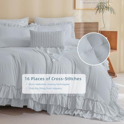 Masaca Shabby Ruffled King Comforter Set,Farmhouse Cornflower Blue Bedding Comforter Lightweight Ultra Soft Vintage Rustic Bedding 3pc (1 Ruffle Comforter and 2 Pillowcases)