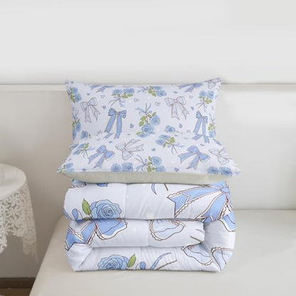 Castle Fairy Blue Bowknot Kids Comforter Set,Retro Blue Rose Farmhouse Duvet Set for Room Decor,Dreamy Princess Style Brushed Microfiber Soft Quilt Cover,Full Size 3 PCS