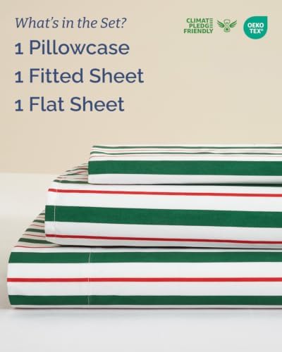 Christmas Sheet Set, Cabana Stripe, Holiday Xmas Bedding Set - Twin Size