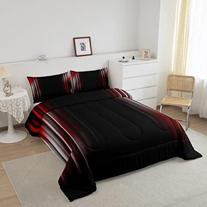 Feelyou Geometric Ombre Bedding Set Men Adults Teens Grey White Red Black Stripes Comforter Set Kids Boys Girls Simple Modern Quilt Collection 3Pcs King Size