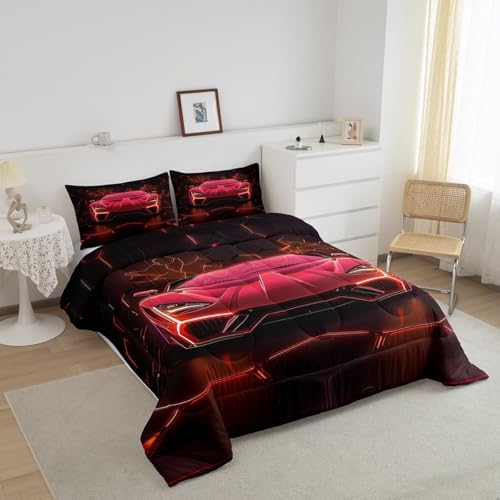 Feelyou Kids Boys Race Car Bedding Set Twin Size,Red Black Racing Car Comforter Set,Boys Car Theme Bedroom Room Decor,Extreme Sports Car Comforter,Geometric Hexagon Cool Car Bed Set for All Season