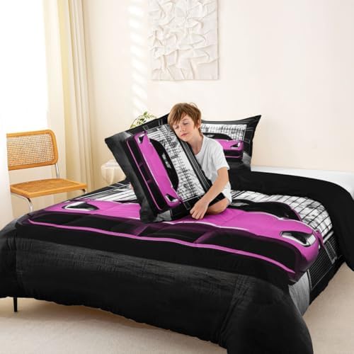 Feelyou Boys Pink Race Car Comforter Set Twin Size Pink Luxury Car Bedding Set for Kids Boys Girls Extreme Sports Duvet Quilt Fast and Furious Bedroom Decor 2 Pcs with 1 Pillow Cases