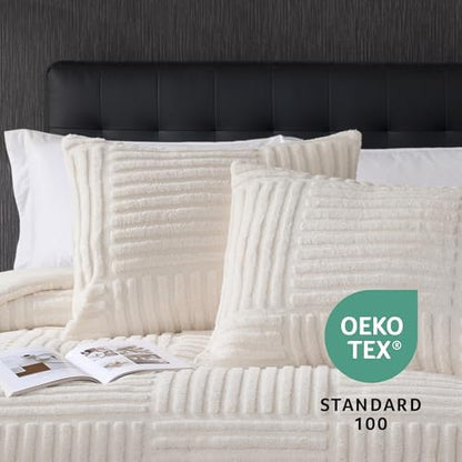 Plush Fleece Comforter Set Queen, Stripe Jacquard Textured，Cream White