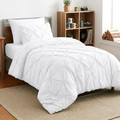 HIMEET Twin Comforter Set White - 5 Pieces Pintuck Bed in a Bag