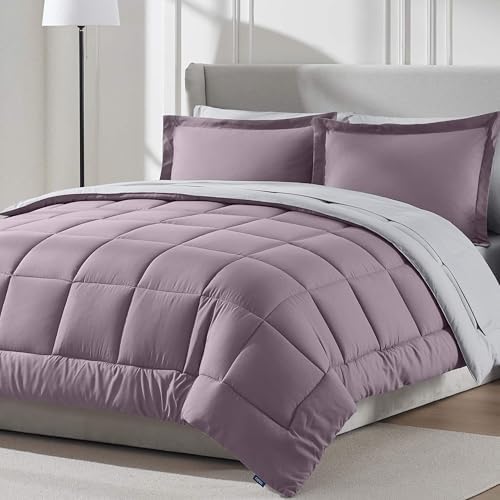 Nestl 9 Piece Queen Comforter Set – Dusty Purple Reversible Bed in a Bag – Complete Queen Size Bedding Set with Sheets, Set of 2 Cooling Pillows, Pillowcases and Shams