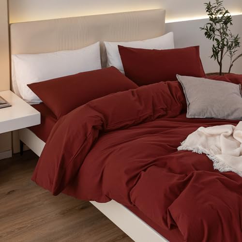 JIYUAN King Washed Cotton Duvet Cover Set, 3-Piece, Relaxed Linen Feel