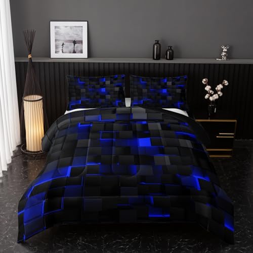 Nttopship Neon Blue Black Comforter Set King Geometric Kids Bedding Set,3 PCS Geometry Honeycomb Bed Set Modern Quilt Set 1 Comforter 2 Pillow Cases Cool Room Decor All Season B-Side Black