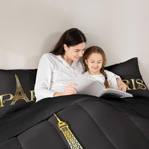 Erosebridal Eiffel Tower Comforter Set, City Building of Paris Bedding Set Queen Size, Gold Black Duvet Sets for Kids Boys Girls Teens Bedroom, Soft Microfiber Bedding Comforters with 2 Pillow Cases