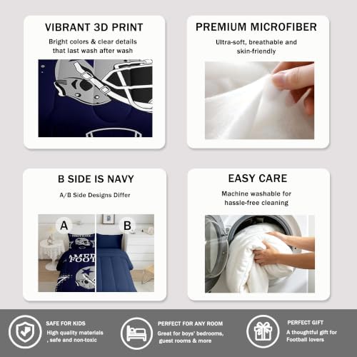 American Football Comforter Set Queen Size Rugby Helmets Bedding Set 3pcs for Kids Boys Teens Men Bedroom Decor Ball Sports Gaming Quilted Duvet Modern Grey Stars Print Duvet Insert,Navy Blue