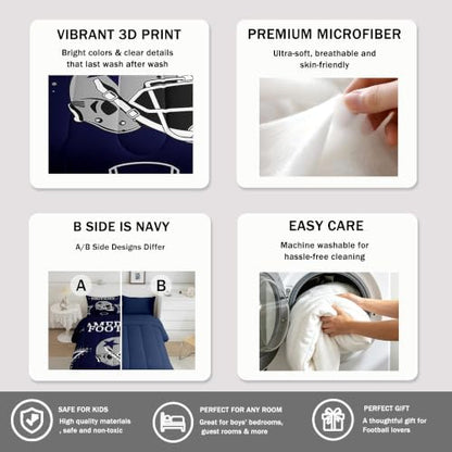 American Football Comforter Set Queen Size Rugby Helmets Bedding Set 3pcs for Kids Boys Teens Men Bedroom Decor Ball Sports Gaming Quilted Duvet Modern Grey Stars Print Duvet Insert,Navy Blue