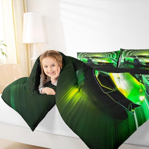 Feelyou Boys Race Car Kids Comforter Set Queen Size Speed Sports Bedding Set Racing Extreme Sports Duvet Quilt for Kids Boys Girls Bedroom Green Racing Car Decor Microfiber Ultra Soft Breathable