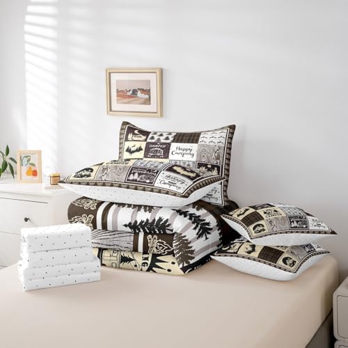 Erosebridal 7 Piece Happy Camping Full Bed in a Bag,Kids Rv Camper Comforter Set for Bunk Travel Trailers,Brown Buffalo Plaid Patchwork Bedding Set with Sheets,Rustic Cabin Bed Set with Pillowcases